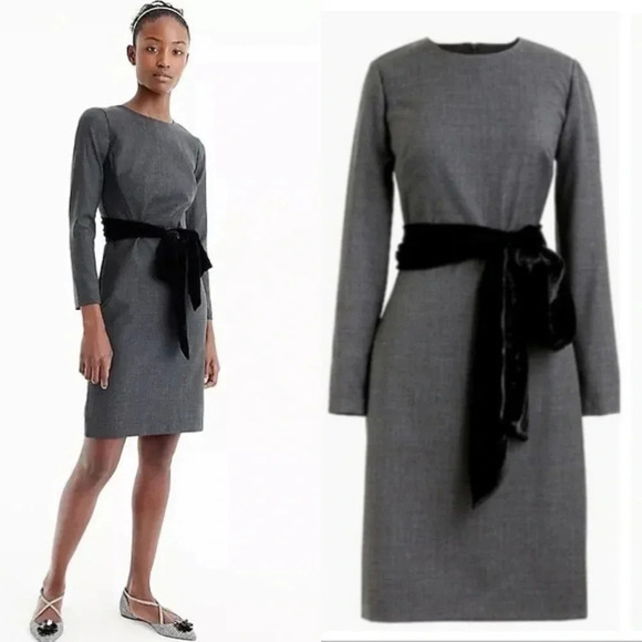 J. Crew Exeter Wool Dress Gray Black Velvet Bow Waist Fitted Size 2 - Picture 1 of 16